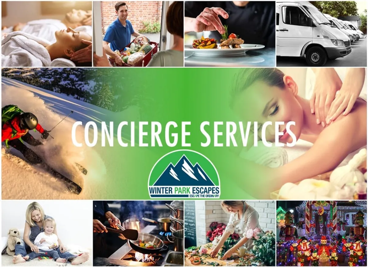 A collage-style interior scene featuring vignettes of concierge offerings, including food preparation, spa treatments, family activities, and ski adventure imagery. The mood is relaxed and joyful, hinting at the upscale, service-focused experience available to guests.