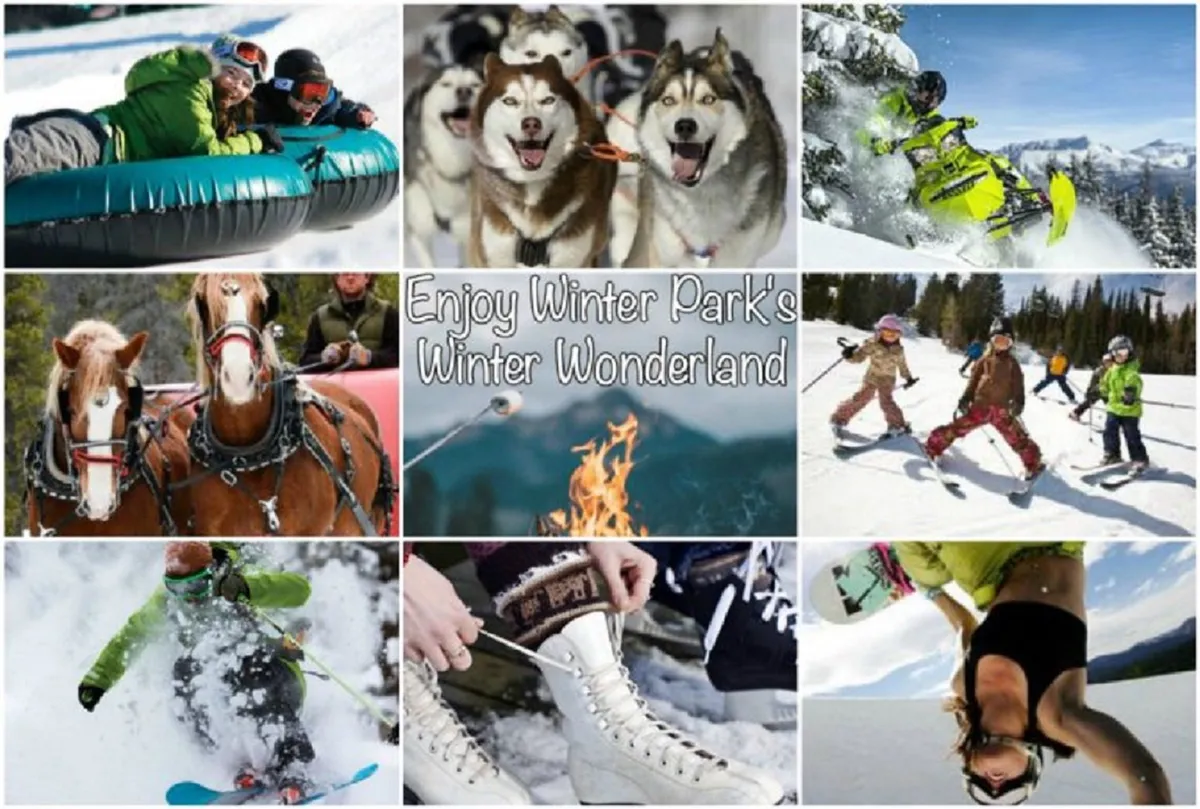 A vibrant winter scene featuring families tubing down snowy hills, huskies ready for dog sledding, snowmobiles, a horse-drawn sleigh, a cozy campfire, kids playing in the snow, and people ice skating. The entire area buzzes with energy and joy, capturing a wide range of winter activities available to families.